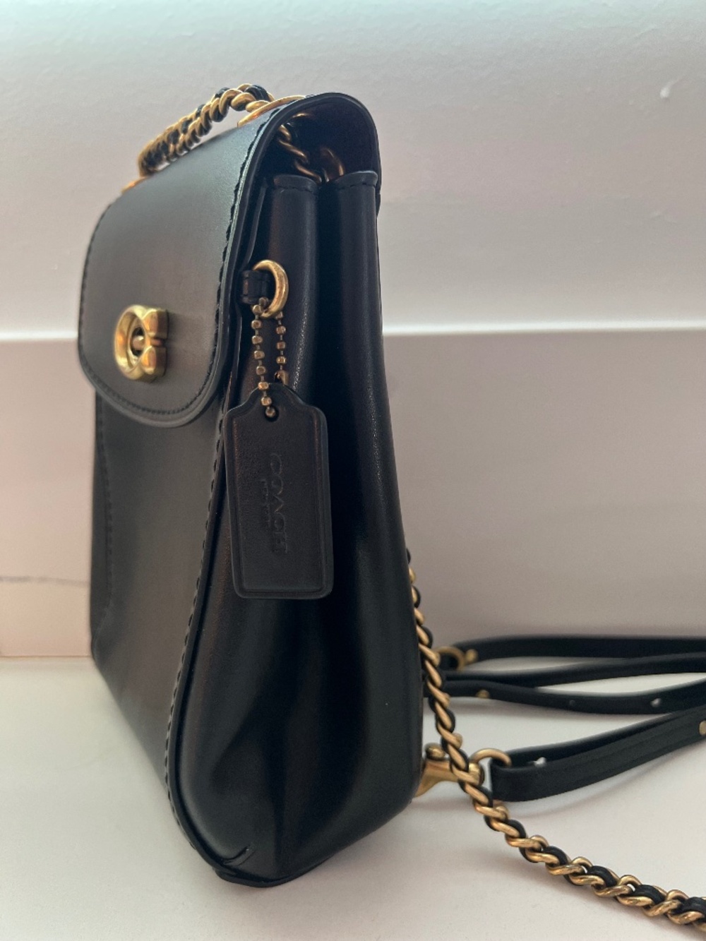Coach Black Parker Leather Backpack Crossbody Bag Gold Chain Strap - Picture 5 of 12